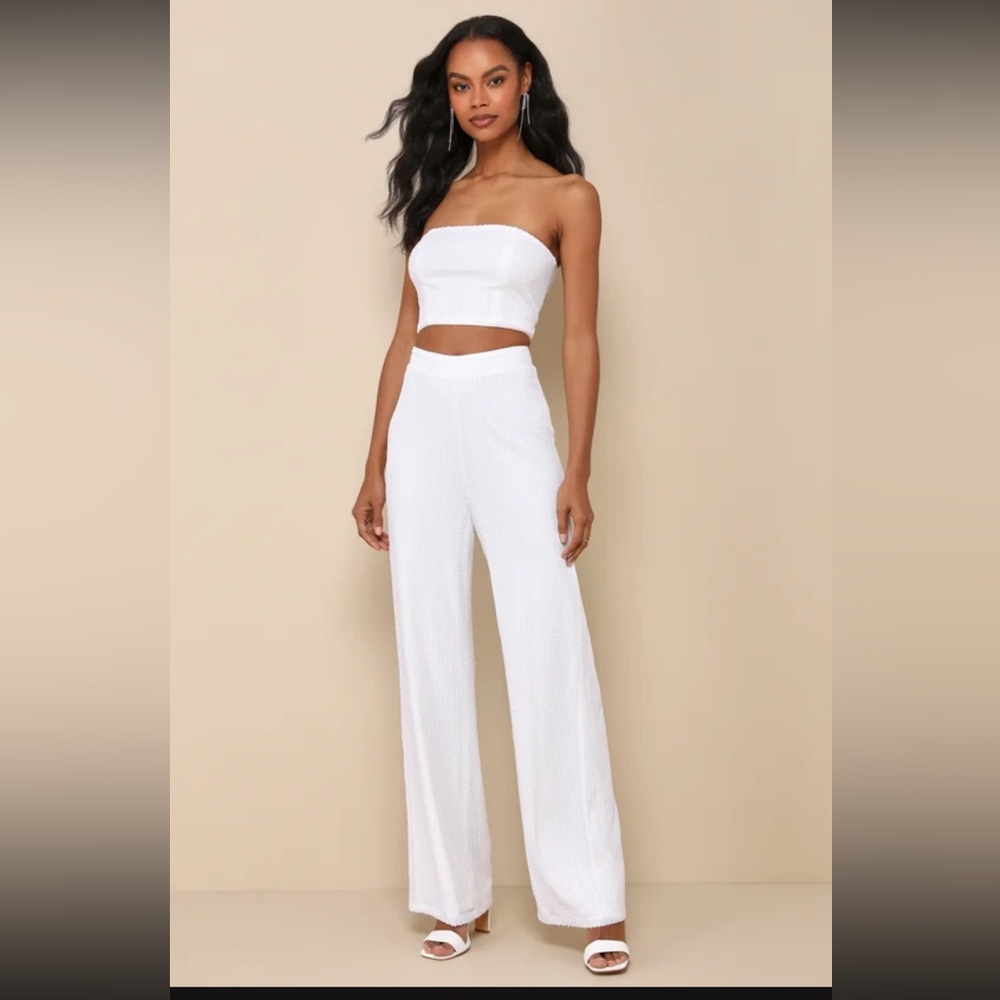 Poised Confidence White Sequin Two-Piece Strapless Jumpsuit